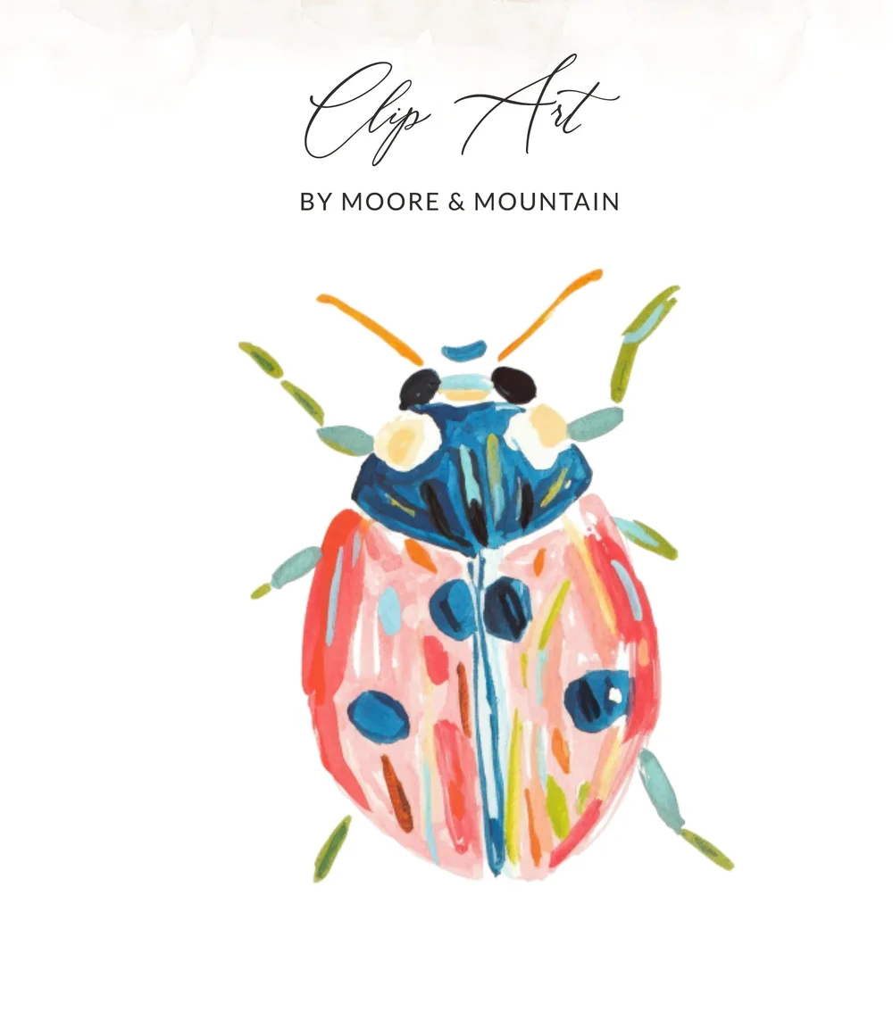 Hand-painted watercolor ladybug clip art with text "Clip Art by Moore & Mountain".