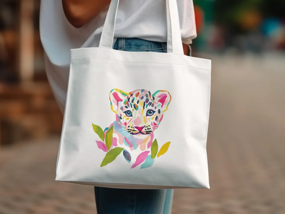 White tote bag with colorful watercolor leopard cub and leaves design.