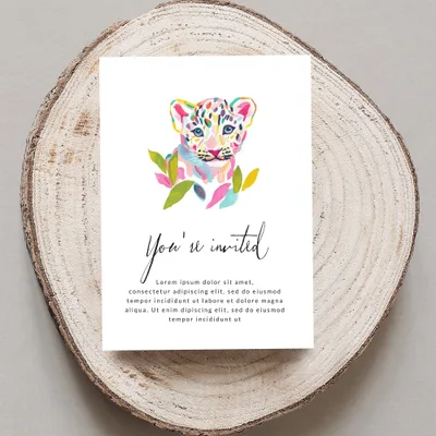 Colorful leopard cub illustration on "You're invited" card with placeholder text.