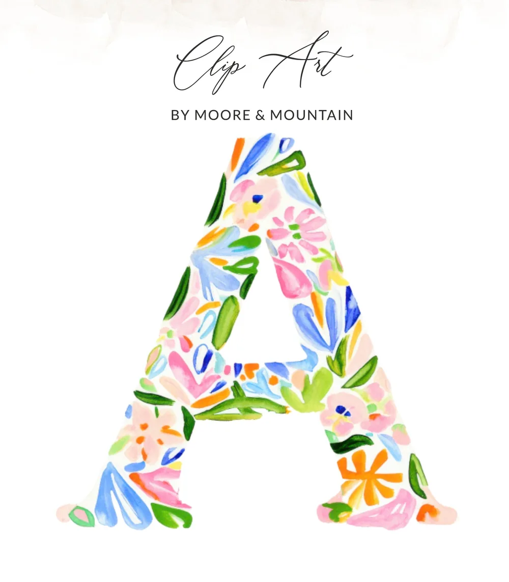 Floral letter A clip art with "Clip Art" and "BY MOORE & MOUNTAIN" text.