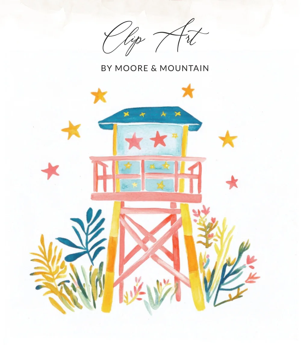 Watercolor illustration of a lifeguard tower with stars and foliage.