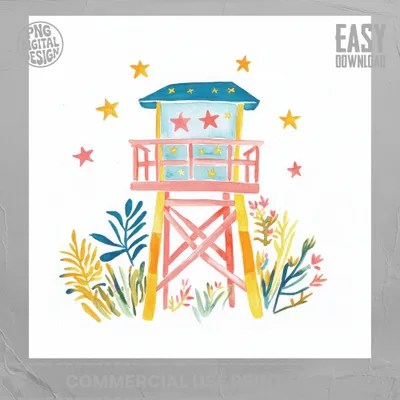 Watercolor illustration of a lifeguard tower with stars and tropical plants.