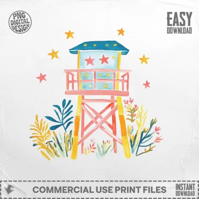 Watercolor illustration of a lifeguard tower with stars and foliage, "EASY DOWNLOAD" text.