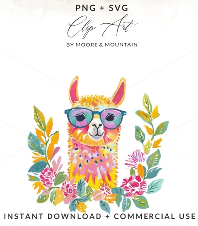 Preppy Llama Clipart, Vibrant PNG Download, Cute Animal Art, Colorful Sticker Design, Rainbow Aesthetic, Trendy Girly Graphic, Cricut SVG