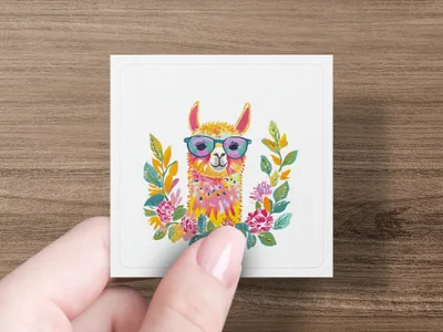 Cute llama with glasses surrounded by colorful flowers and leaves.