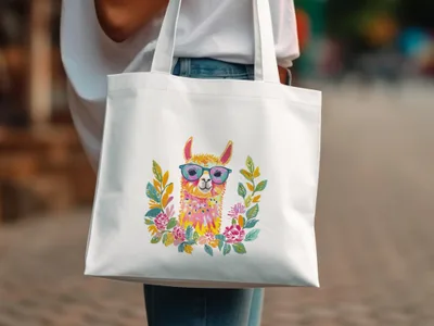 White tote bag featuring a colorful llama with glasses and floral accents.