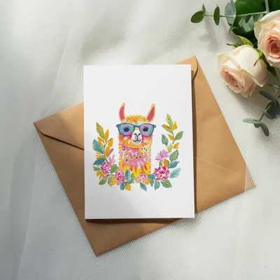 Watercolor llama wearing sunglasses surrounded by colorful flowers on a card.