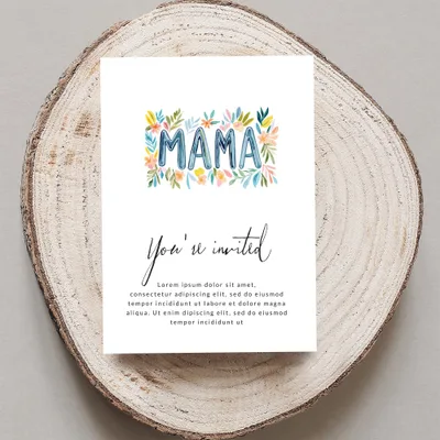 Card with "MAMA" in floral letters and "You're invited" text.