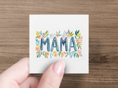 Floral "MAMA" text in watercolor style on a white sticker.