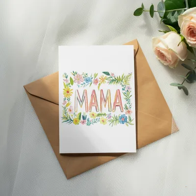 Card with "MAMA" in colorful floral letters on an envelope.