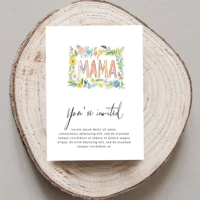 Card with "MAMA" in floral lettering and "You're invited" text.