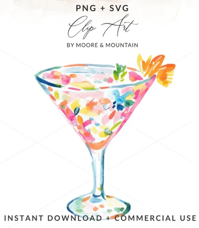Preppy Martinin PNG Cocktail Clip Art Watercolor Martini Clipart, Rainbow Pastel Artwork, Trendy Girly Design, Cricut Cut File Sublimation SVG