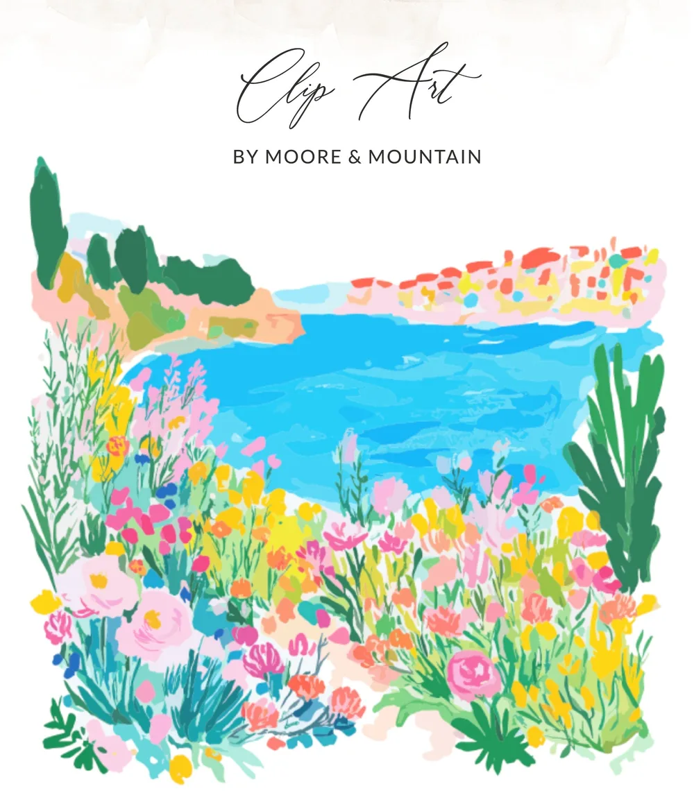 Impressionistic floral landscape with colorful flowers and a coastal village.