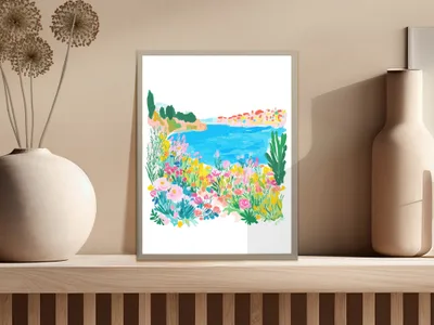 Colorful floral landscape art print of a coastal village with blue water.