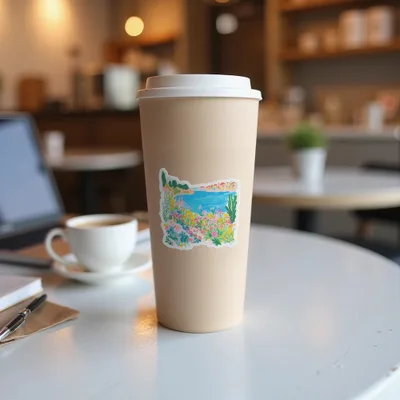 Beige travel mug with colorful Oregon map sticker, on a cafe table.