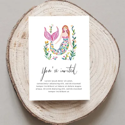 Invitation with a watercolor mermaid illustration and placeholder text.