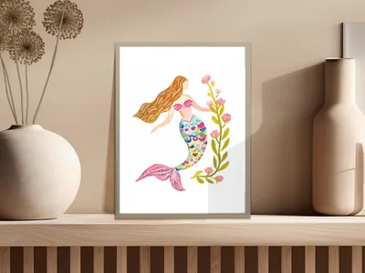 Illustration of a mermaid with flowing red hair and a floral tail, framed by flowers.