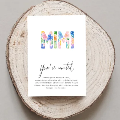 Greeting card with floral letters spelling "MIMI" and "You're invited" text.