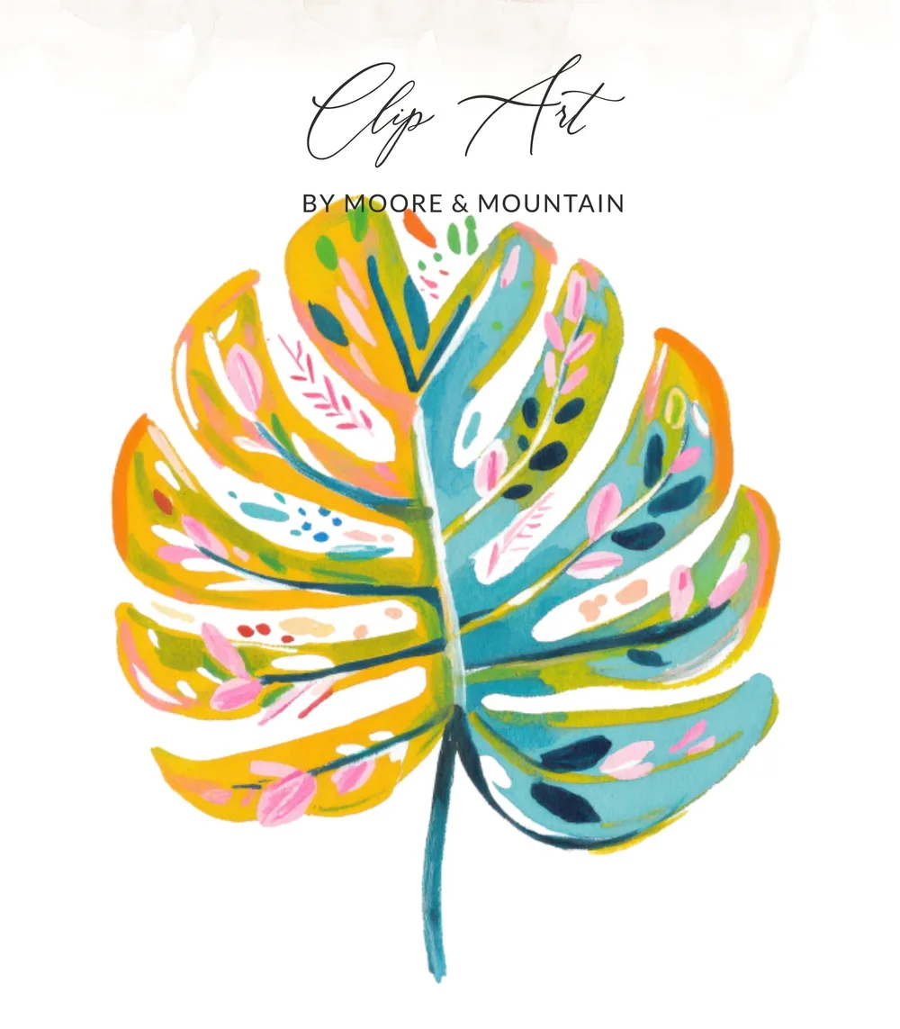 Monstera leaf illustration with colorful watercolor splashes and accents.