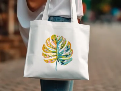 White tote bag with colorful abstract monstera leaf print.