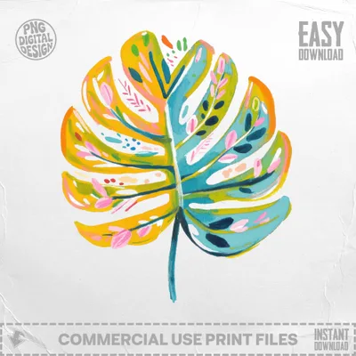 Bright abstract monstera leaf illustration with pink, blue, yellow, and teal accents.