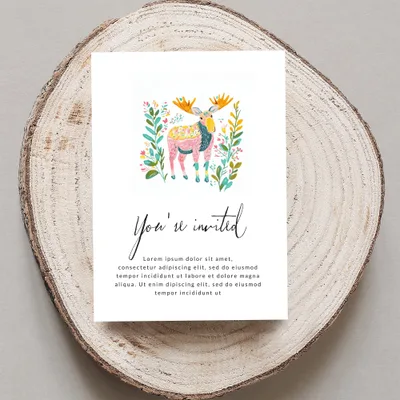 Invitation with floral moose illustration and "You're invited" text.