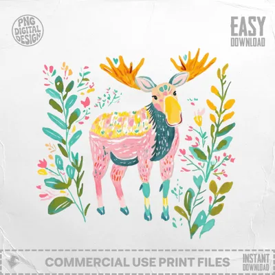 Pink, blue, and yellow moose illustration with floral branches and "Easy Download" text.