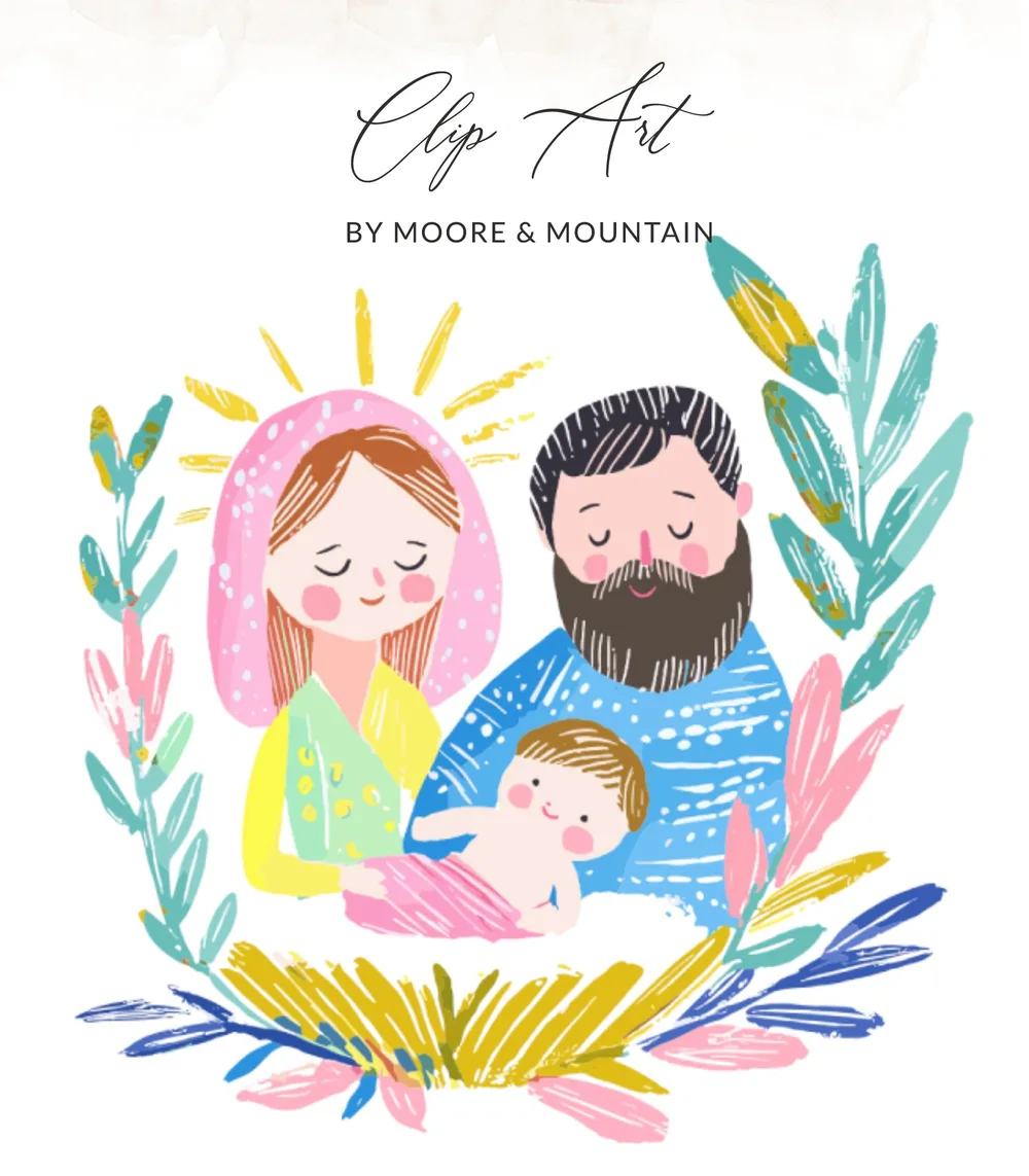 Nativity scene with Mary, Joseph, and baby Jesus surrounded by colorful foliage.
