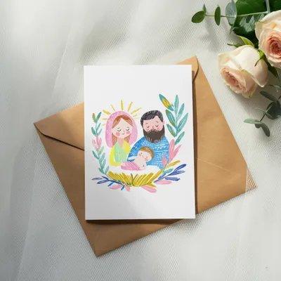 Illustration of a family with a baby, surrounded by colorful leaves.