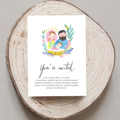 Nativity illustration on an invitation with "You're invited" text.