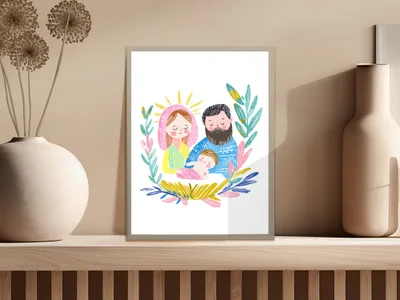 Nativity scene art with Mary, Joseph, and baby Jesus in colorful, stylized illustration.
