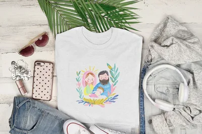 Religious t-shirt with Nativity scene artwork featuring Mary, Joseph, and baby Jesus.
