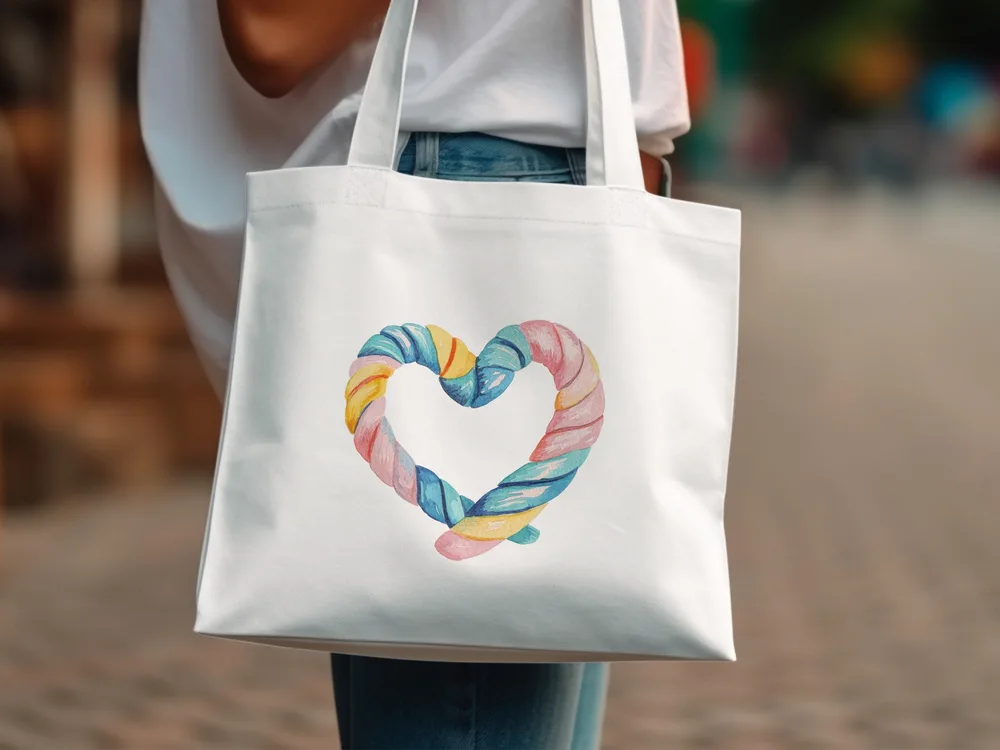 White tote bag with a watercolor heart made of twisted pastel candy strips.