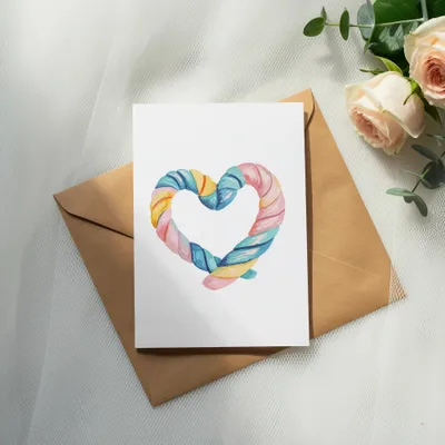 Watercolor heart made of pastel twisted ribbons on white card, next to roses.
