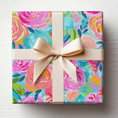 Vibrant Floral Gift Wrap with Beige Ribbon for Birthdays