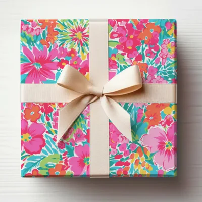 Vibrant Colorful Floral Gift Box with Cream Ribbon Decor