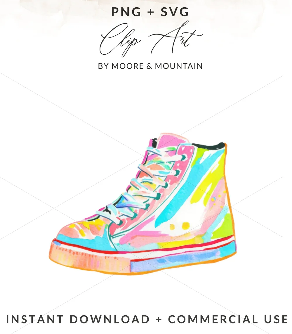 Colorful high-top sneaker with abstract paint strokes, PNG + SVG, instant download.