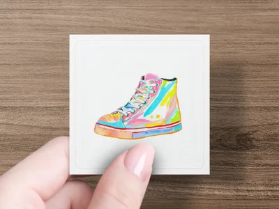 High-top sneaker illustration with vibrant abstract stripes on white paper.