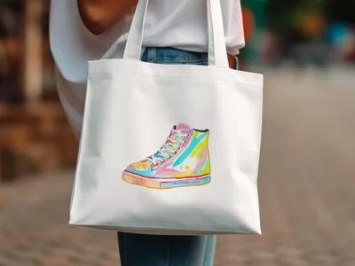 White canvas tote bag with colorful watercolor high-top sneaker graphic.