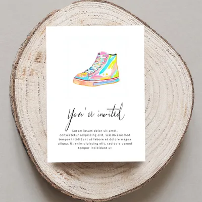 Colorful high-top sneaker on invitation with "You're invited" text.
