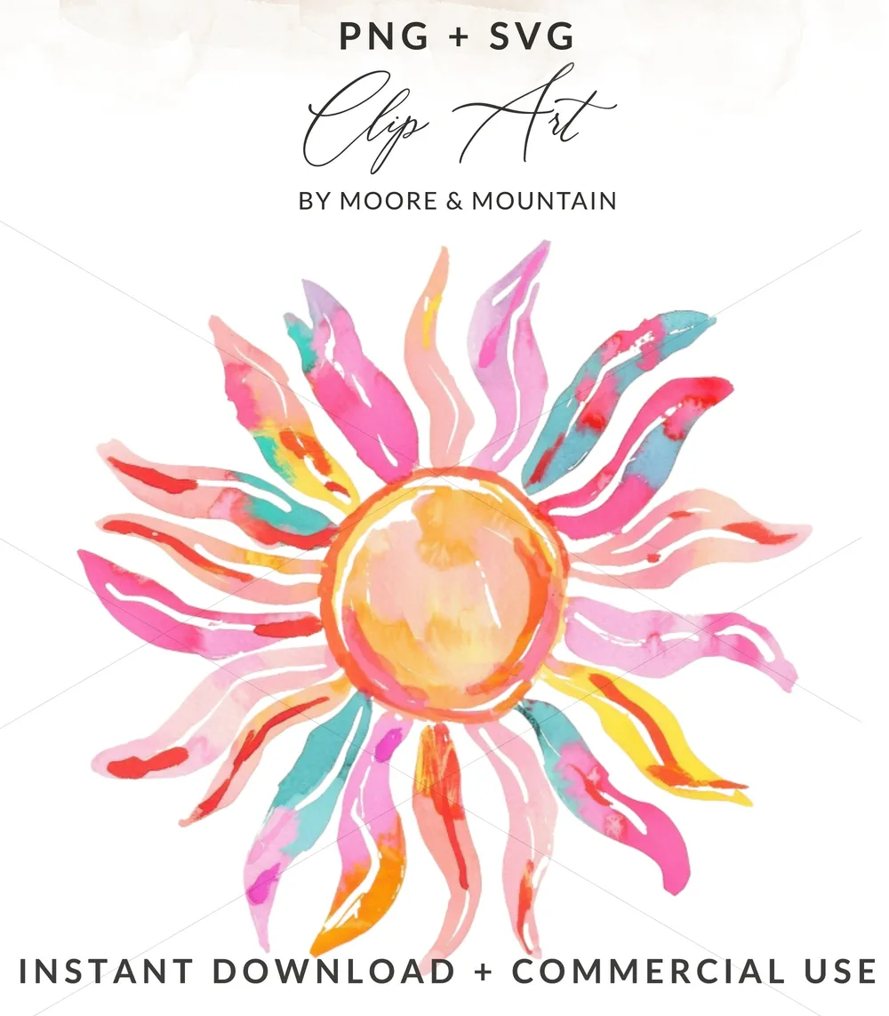 Colorful watercolor sun with rays, "PNG + SVG" and "INSTANT DOWNLOAD + COMMERCIAL USE".