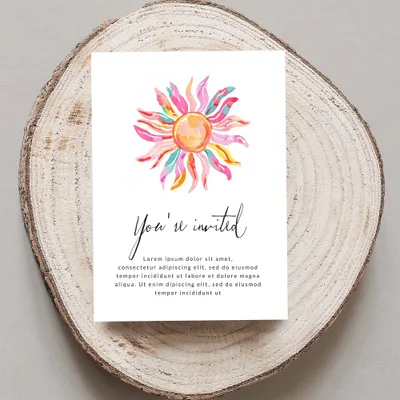 "You're invited" card with watercolor sun design and placeholder text.