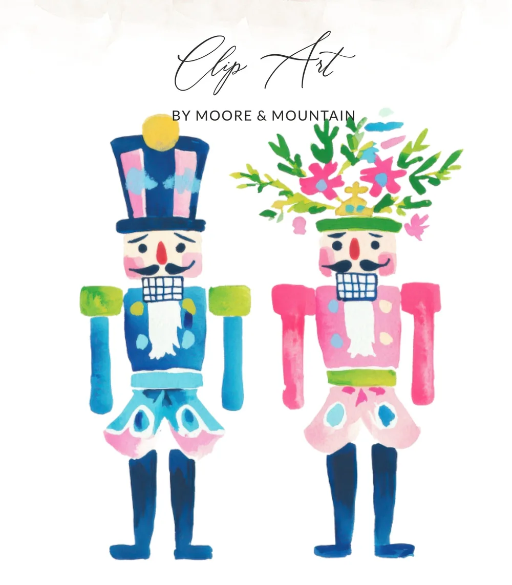 Two stylized watercolor nutcrackers with floral headdresses.