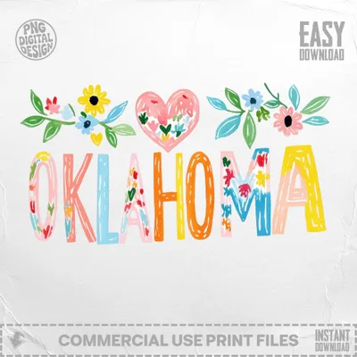 Colorful "OKLAHOMA" text with floral accents and a heart above.