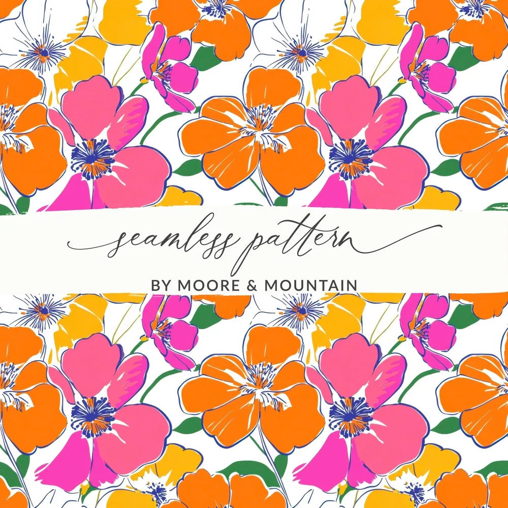 Preppy Orange Pink Floral Seamless Pattern, Digital Background, 60's floral pattern, Printable Fabric Design, Digital Paper, Flower Illustration - Moore and Mountain