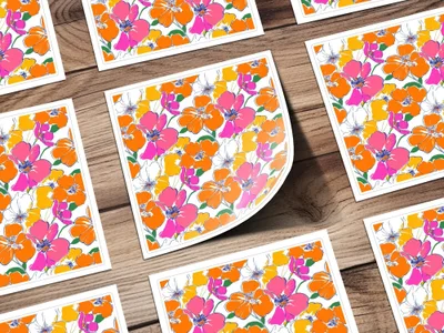Preppy Orange Pink Floral Seamless Pattern, Digital Background, 60's floral pattern, Printable Fabric Design, Digital Paper, Flower Illustration - Moore and Mountain