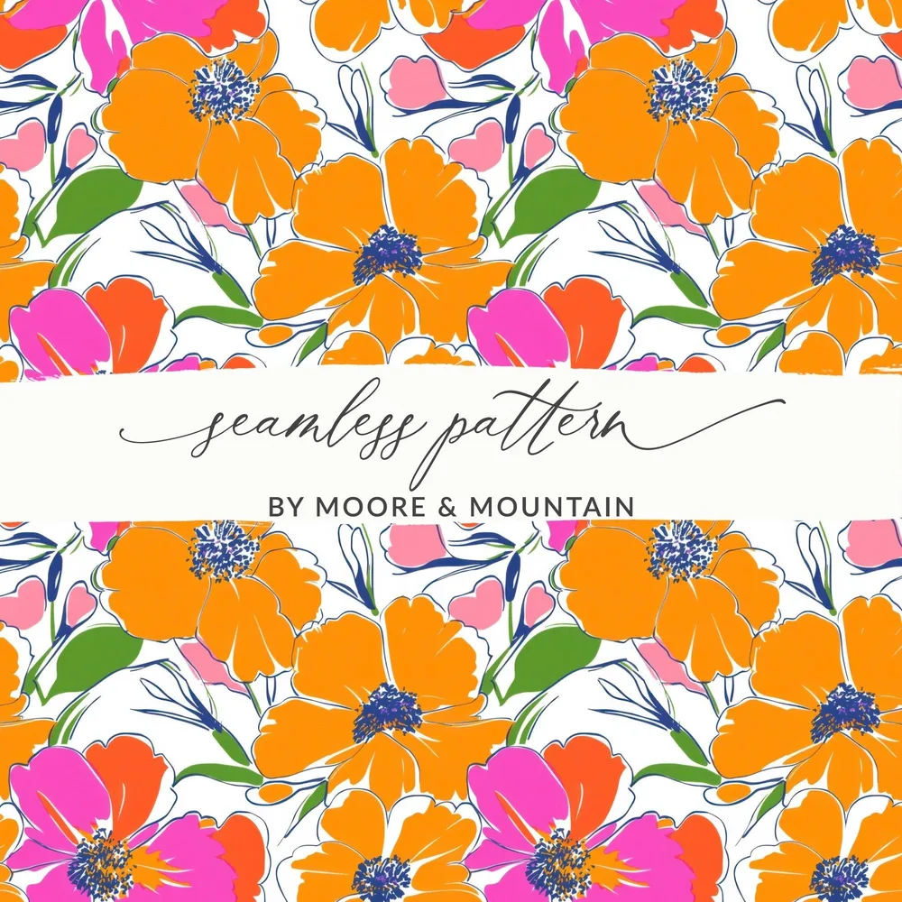 Preppy Orange Pink Floral Seamless Pattern, Digital Background, 90s Floral Pattern, Vibrant Flowers Digital Paper, Fabric Print, Digital Product - Moore and Mountain