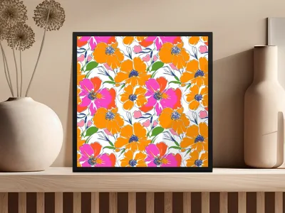 Preppy Orange Pink Floral Seamless Pattern, Digital Background, 90s Floral Pattern, Vibrant Flowers Digital Paper, Fabric Print, Digital Product - Moore and Mountain