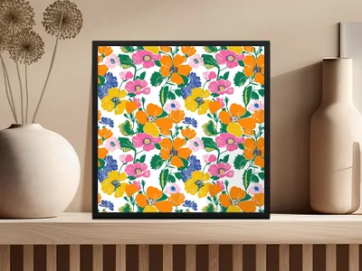 Preppy Orange Pink Yellow Floral Seamless Pattern, 60's Floral Pattern, Digital Background, Colorful Flower Print, Digital Paper - Moore and Mountain