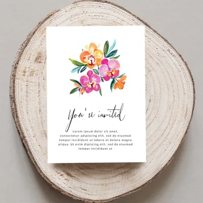 Invitation card with floral illustration and "You're invited" text.